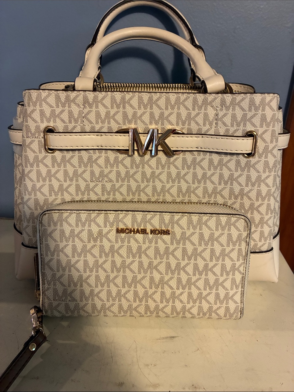Michael Kors Cream and White MK Logo Satchel